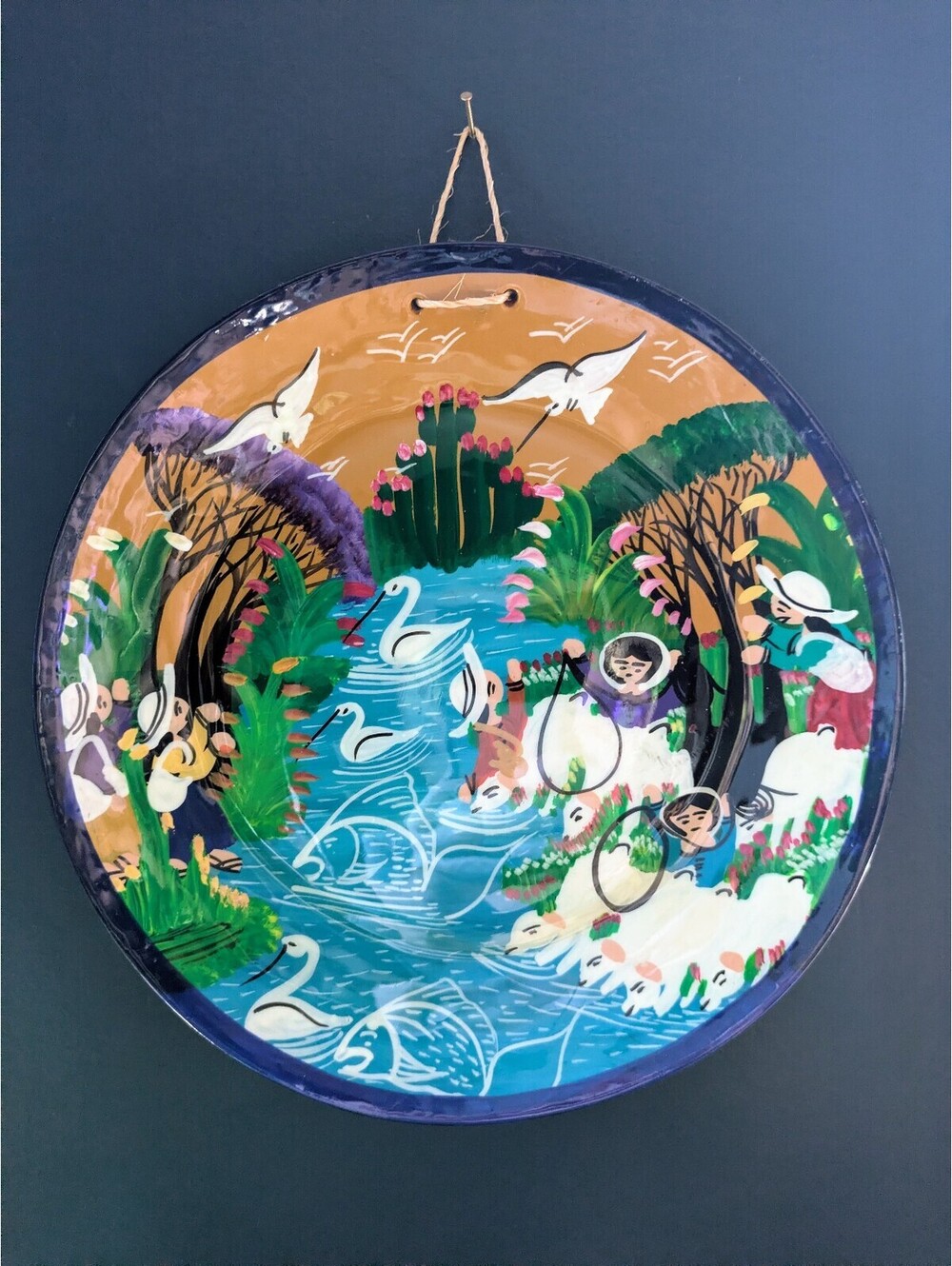 Swan, Sheep, Fish Decorative Hand Painted Plate, Mexican Folk Art, Terracotta